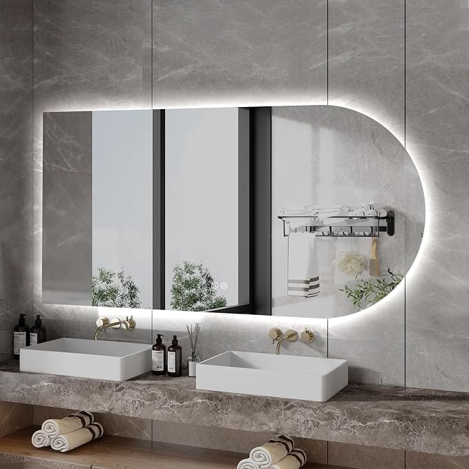 Arched LED Bathroom Mirror, 48"x24" Arch Framless Backlit Mirror with Lights Vanity Mirror for Makeup, Anti-Fog, Dimmable, 3-Color, Memory Function, IP65 Waterproof, UL Listed, Horizontal-Left
