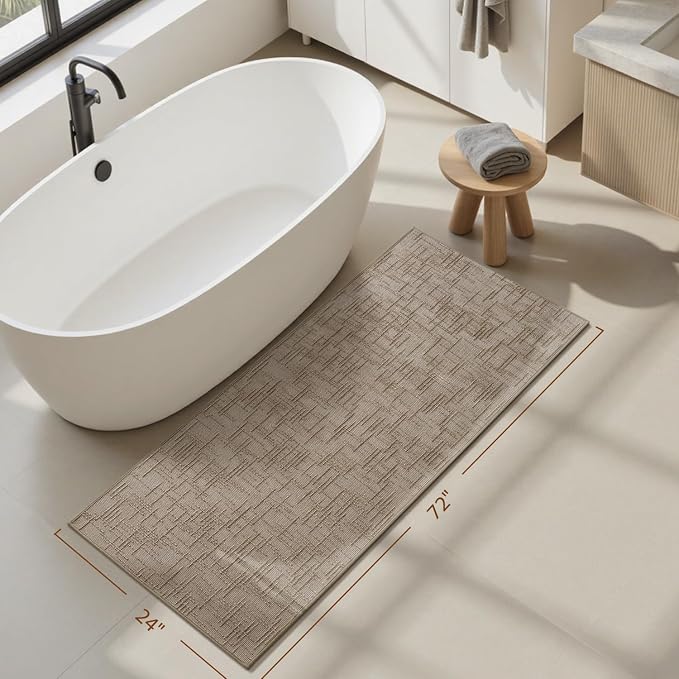 AMOAMI Bath Mat Non Slip Super Absorbent Quick Dry Bath Mats for Bathroom Floor Rubber Backing Washable Bathroom Rugs Modern Woven Jacquard Mat, Beside Tub Bath Rugs, 2' x 6', Brown