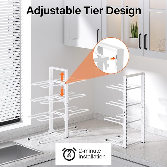 MUDEELA 8-Tier Heavy Duty Pots and Pans Organizer for Cabinet, 20.8"H White | Adjustable heavy-duty pot rack, Holds big stockpots and cookware, Fits under cabinet or on countertops, Easy Assembly
