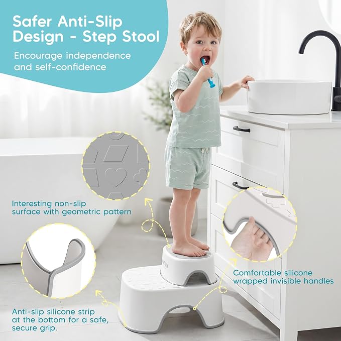Maliton Potty Training Toilet Seat & Step Stool, 2-in-1 Anti-Slip Grey | Potty Seat + Separate Step Stool, Adjustable Fits More Toilets, Anti-Slip, Sturdy, Splash Guard, Easy clean，Boys & Girls.