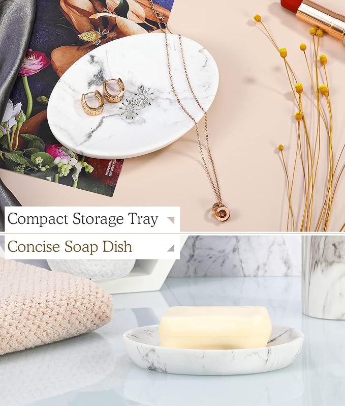 Luxspire Oval Soap Dish, Resin soap Holder for Bathroom, Gravel White | Wooden texture design, Holds bar soap, sponges, and scrubbers, For shower, bathroom, sink, and kitchen use