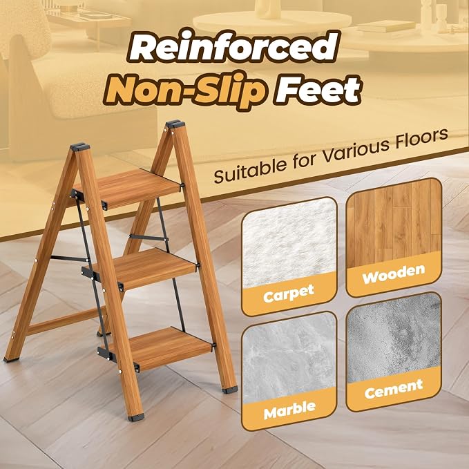HBTower 3 Step Ladder, Lightweight Aluminum Folding Step Stool | Anti-Slip Wide Pedal, 330lbs Capacity Step Ladder for Household Kitchen Office, Woodgrain