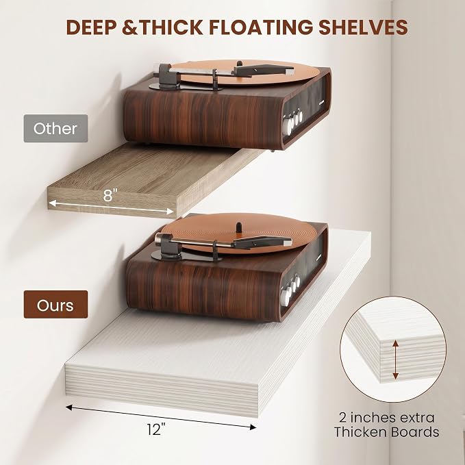 12 Inch Deep Floating Shelves for Wall, 24 Inch Wide Wall Shelves Set of 2, 2 Inch Thick Heavy Duty Invisible Wall Mounted Shelves for Kitchen Living Room,White