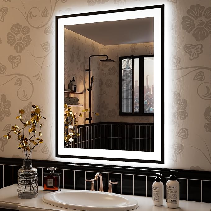 ISKM 32x24 Framed LED Bathroom Mirror, Dimmable Front & Backlit, Anti-Fog | 3 Color Temps(3000K/4000K/6000K), Stepless Dimming 10%-100%,Shatterproof Tempered Glass, IP65 Waterproof,Plug-In or Hardwired