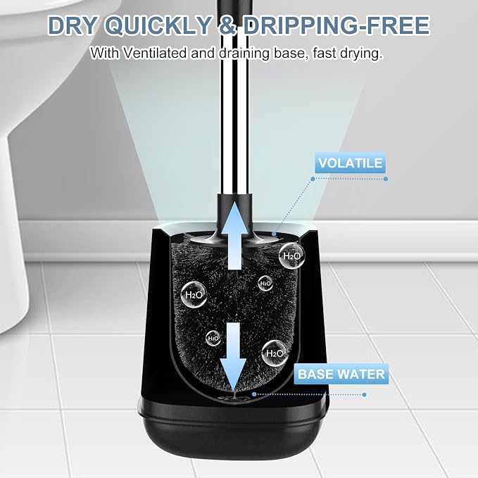 SetSail Toilet Brush and Holder 3 Pack, Self Closing Lid Toilet Bowl Brushes Holder Extra Long Handle Ventilated Toilet Brush Set for Bathroom Cleaning, Nylon Bristles, Black