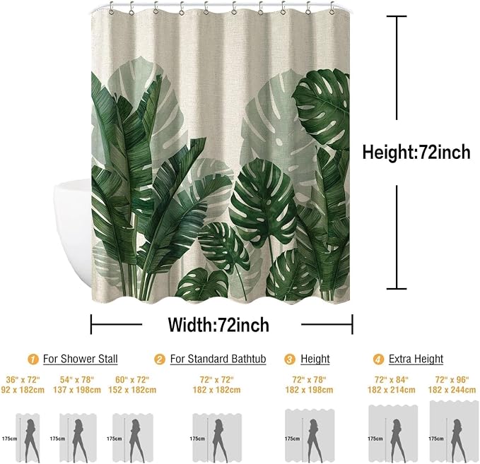 Baccessor Linen Shower Curtain Tropical Green Leaf Shower Curtains Botanical Banana Monstera Leaf Palm Tree Water Repellent Heavy Duty Fabric Cloth Shower Curtain for Bathtubs Hotel 72 W X 72 L Inch