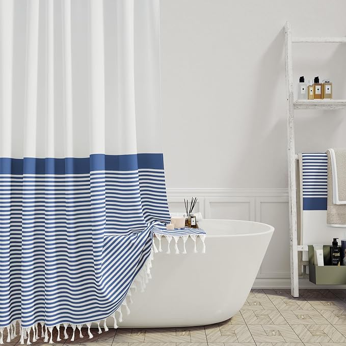Extra Long Shower Curtains, 84 Inch Long Farmhouse Boho Striped Fabric Tassel Shower Curtain for Bathroom, Tall Bohemian Textured Cloth Shower Curtain Set with Hook, Navy Blue, 72x84