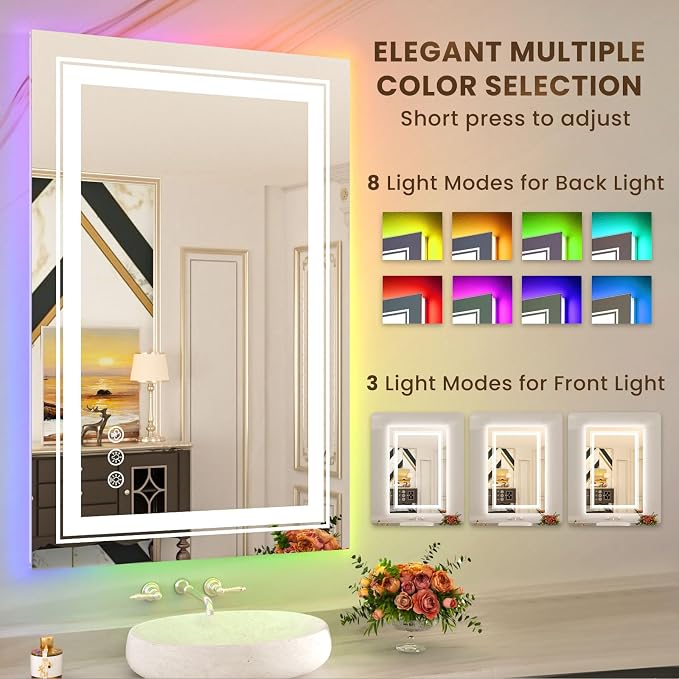 WTTY 24"x36" RGB LED Bathroom Mirror with Light | 8 Color Backlight + 3 Color Front Light, Anti-Fog, Dimmable, Memory Function, Tempered Glass, IP54 Waterproof, ETL Listed