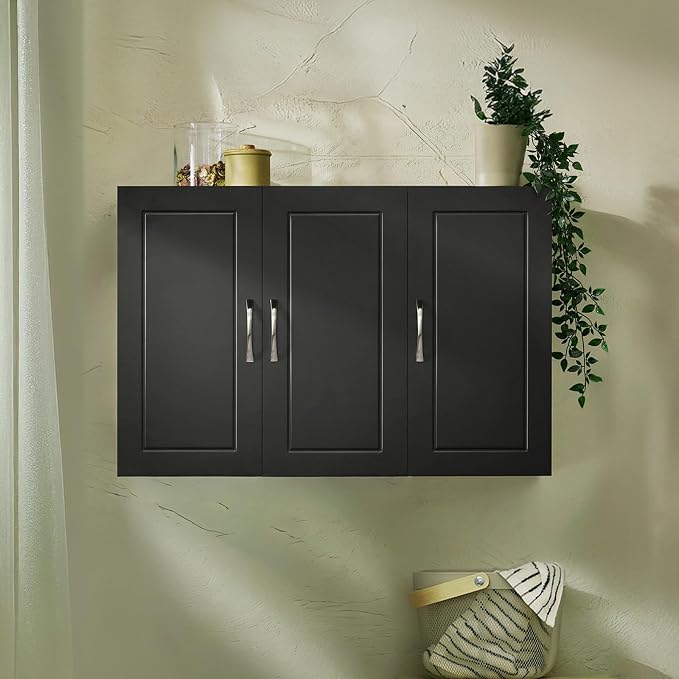 3-Door Wall Mount Bathroom & Laundry Cabinet, Wall Size, Black | 3-Door Wall Storage Cabinet With Adjustable Shelves, Over Toilet/Washer MDF Medicine Cabinet, HUS-FRG231-L
