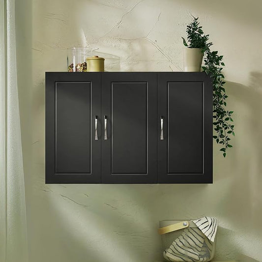 3-Door Wall Mount Bathroom & Laundry Cabinet, Wall Size, Black | 3-Door Wall Storage Cabinet With Adjustable Shelves, Over Toilet/Washer MDF Medicine Cabinet, HUS-FRG231-L