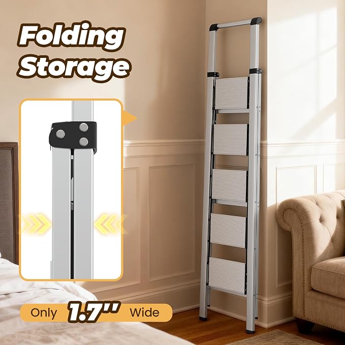 HBTower 5 Step Ladder, Lightweight Aluminum Folding Step Stool | Anti-Slip Wide Pedal, 330lbs Capacity Step Ladder for Household Kitchen Office, Light Silver