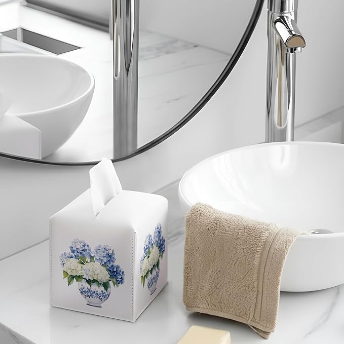 Chinoiserie Blue Hydrangea Square Faux Leather Tissue Box Cover | Blue and White Floral Tissue Holder, Hydrangea Accessories, for Bathroom, Car, Office Desk, 5.3x5.3x5.3