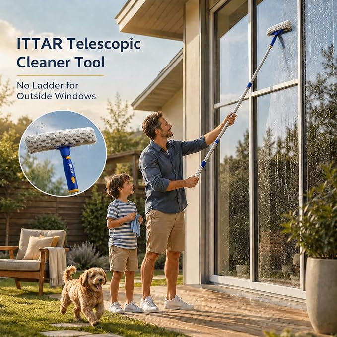 Window Squeegee Cleaning Kit with 60" Extension Pole & Rotatable Head | 2 x 11" Microfiber Pads & 12" Rubber Blade Glass Washing Tool for High Window, Shower Doors, Car Windshields, Indoor, Outdoor