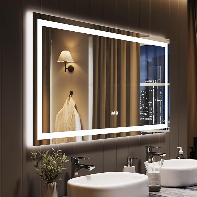 Large LED Bathroom Mirror 60x36 Inch - Frontlit & Backlit Frameless Wall Vanity Mirror with Stepless Dimming, Adjustable Color Temp, Anti-Fog Defogger, Smart Memory & 3X Suction Mirror, Sha