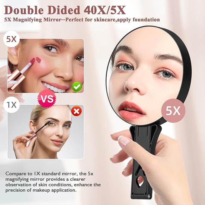Magnifying Mirror 40X/5X Double Sided Hand Mirror, Precision Makeup at 40X Magnification & Overall View at 5X，Travel Handheld Magnified Makeup Mirror with Handle & Table Stand, Vanity Cosmetic Mirror