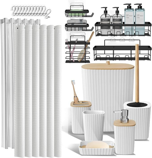 Clara Clark Bathroom Accessories Set - Bathroom Set with Adhesive Corner Shower Caddy Hanging, 25PC Bathroom Accessory Set, White Shower Curtain Set, Toilet Brush, Trash Can & Soap Dispenser | 25 Piece Bathroom Accessories Set with Toothbrush Holder, S...