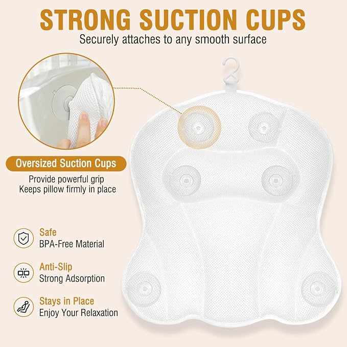 SZXYX Bath Pillows for Tub,Luxury Bath Pillows for Tub with Head, Neck & Back Support,5D Air Mesh Bathtub Pillow with 6 Strong Suction Cups Relaxing Bath Accessories Spa Gift for Woman