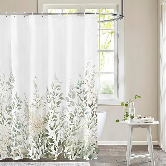 Tititex Retro Sage Green Leaves Shower Curtain, Light White Floral Plant Bathroom Decoration Shower Curtain Sets 71x71 Inch with Hooks