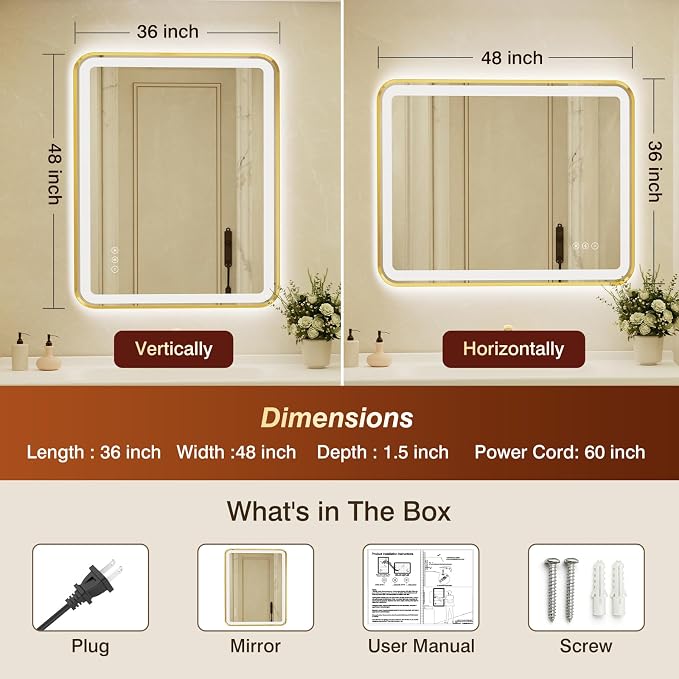 36x48 Inch Gold Framed LED Bathroom Mirror with Lights, Built-in Bluetooth Speaker, Dimmable Lighted Bathroom Vanity Mirror with 3 Colors, Backlit + Frontlit, Memory, Anti-Fog