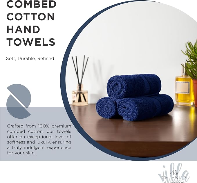 Villa Celestia 100% Cotton Hand Towel Set of 2, (16 x 28 inches) Sustainable, Soft, Highly Absorbent, Quick Drying, Combed Cotton Hand Towels Pack of 2 Ideal for Hotels, Spa, Bathroom, Dorm, Navy Blue