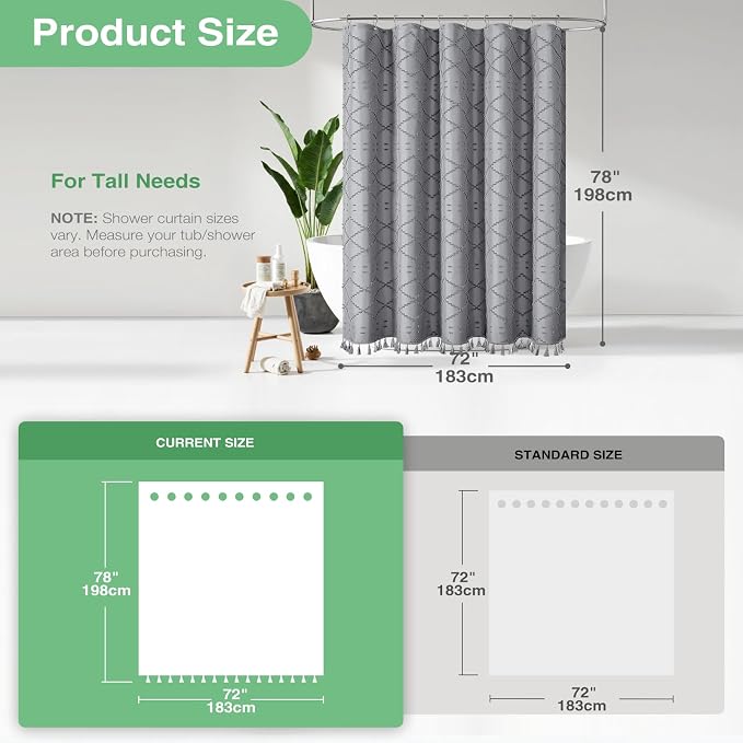 Long Boho Farmhouse Shower Curtain Tufted Geometric 72"x78" Grey | 78 Inch Tall, Elegant Tassel, Lightweight Textured Fabric, Water Repellent, Washable, Hotel Spa, for Bathroom/Dorm 12 Hooks