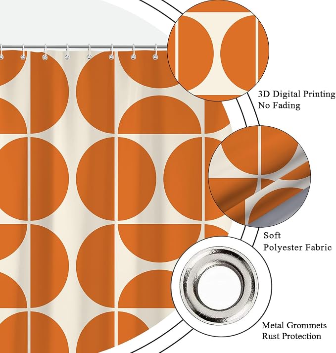 Orange Mid Century Modern Shower Curtain, Boho Abstract Geometric Retro Art Bath Curtains For Bathroom, Colorful Unique Pattern Waterproof Polyester Fabric Bathroom Accessories Set 12 Hooks 36X72IN