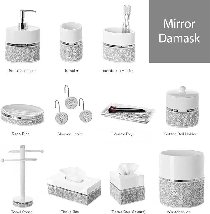 Mirror Damask White & Gray Small Oval Bathroom Trash Can 1.6 Gal / 6L | Decorative Waste Basket - Durable Bathroom Wastebasket - Waste Bin for Powder Room Or Bedroom