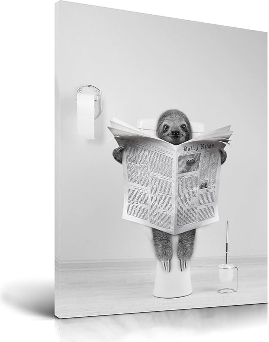 UPWOIGH Funny Sloth Bathroom Wall Art, 12 x 16 Inch Wrapped Canvas | Black and White Newspaper Scene, Playful Animal Humor for Guest Bath, Powder Room, Restroom or Small Wall Space