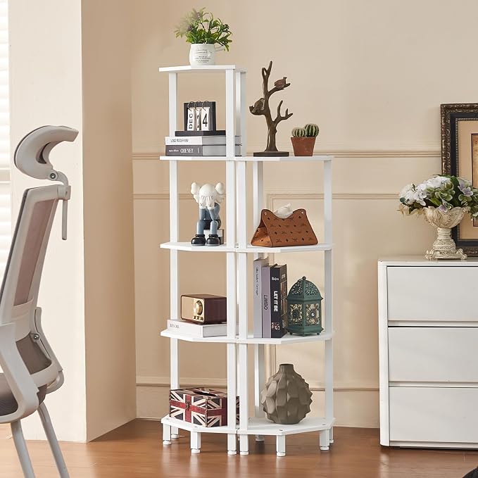 YUFAM 5-Tier Corner Shelf, White | Wooden Corner Bookshelf for Small Spaces, Corner Standing Shelf with Sturdy 5-Leg Base