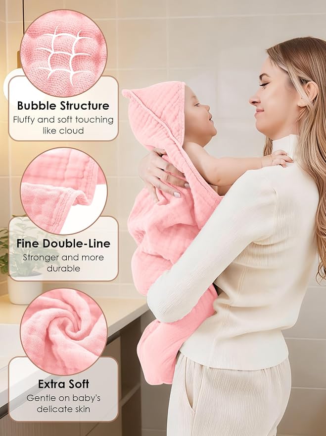 Muslin Hooded Baby Bath Towels - 3 Pack 100% Cotton Ultra-Soft Towels for Newborns, Infants, Toddlers - 32x32 Inch - Highly Absorbent, Quick-Dry Essentials for Bath Time, Beach, Pool, Pink Series