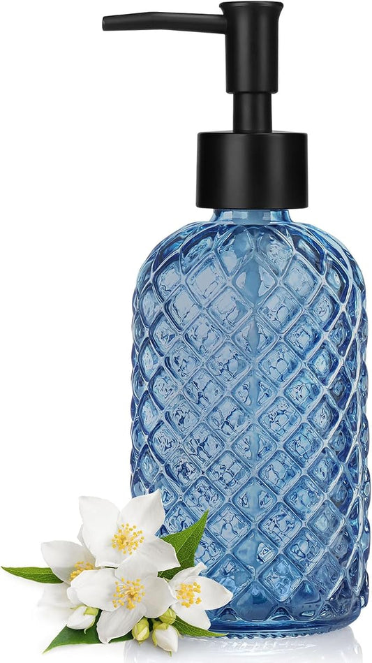 Topsky Gem Glass Soap Dispenser with Black Plastic Pump, 13oz Liquid Hand Soap Dispenser, Rustproof Pump for Kitchen & Bathroom, Great for Lotions, Essential Oil, Liquid Soaps-Blue