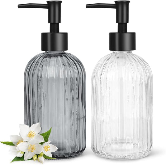 Topsky 2 Pack Glass Soap Dispenser with Black Plastic Pump, 400ml Liquid Hand Soap Dispenser, Rustproof Pump for Kitchen & Bathroom, Great for Lotions, Essential Oil, Liquid Soaps-Clear & Gray