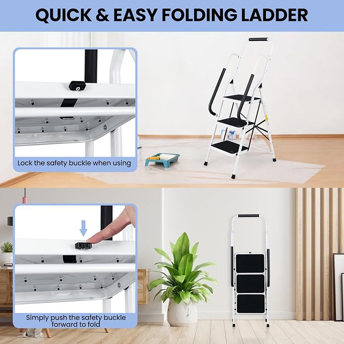 Step Ladder 3 Step Folding with Handrails, Folding Step Stool with Wide Anti-Slip Pedal, Sturdy Steel Portable Ladder, Lightweight Step Stool Foldable for Library Home Garage Office