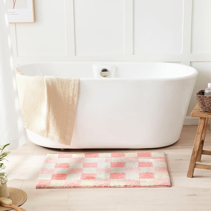 CozeCube Blossom Pink Checkered Bath Mat 32"x20" Non Slip Washable Rug | For Bathroom Non Slip, Fluffy Absorbent Microfiber Bath Mats Machine Wash, Stylish Cute Aesthetic Bathroom Rugs