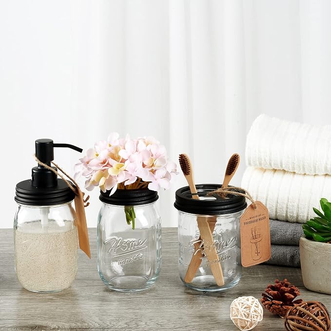 Amolliar Mason Jar Toothbrush Holder - Rustproof Stainless Steel, Black | Toothbrushes and Toothpaste Holder with Chalkboard Labels - Farmhouse Décor Bathroom Countertop and Vanity Storage Organizer