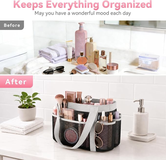Double Handles Mesh Shower Caddy Portable for College Dorm Essentials, 8 Pockets Large Capacity Shower Organizer for Girls, Quick-Dry Hanging Toiletry Bag for Bathroom Travel, Black&Grey