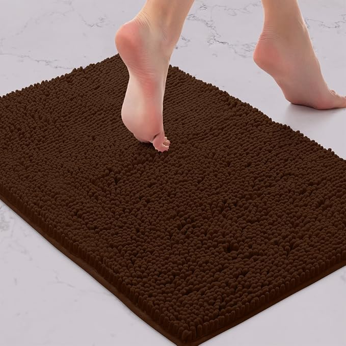 LuxUrux Bath Mat, Extra-Soft Plush Non-Slip Bathroom Rug, Luxury Chenille Microfiber Material, Super Absorbent Shaggy Bath Rug. Machine Wash & Dry (17 x 24 inches, Brown)