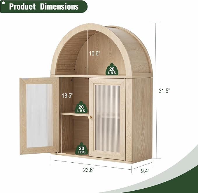 Medicine Cabinet with Arched Top, Bathroom Wall Cabinet Over Toilet with Wave Pattern Acrylic Doors and Removable Shelf, Roman Style Small Wall Cabinets for Kitchen, Living room, Laundry Room, Oak