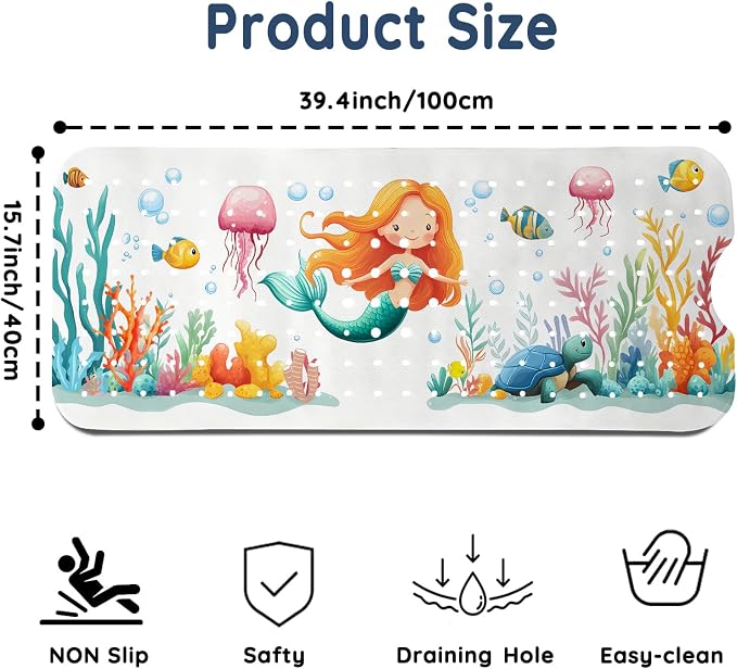 LNOND Bath Mat for Tub for Kids, Toddler Bathtub mat Non Slip, Sea Mermaids Kids Bath Mats for Bathroom Non Slip with Drain Holes and Suction Cups,Machine Washable (40 X 16 Inch)