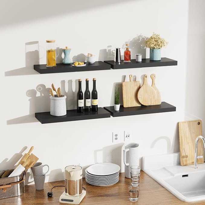 Floating Shelves for Wall, Black Engineered Wood Wall Shelf Set of 4, 16" Walls Mounted Floating Shelf for Kitchen, Living Room, Bedroom, Bathroom Storage, Book Shelf for Home Decor