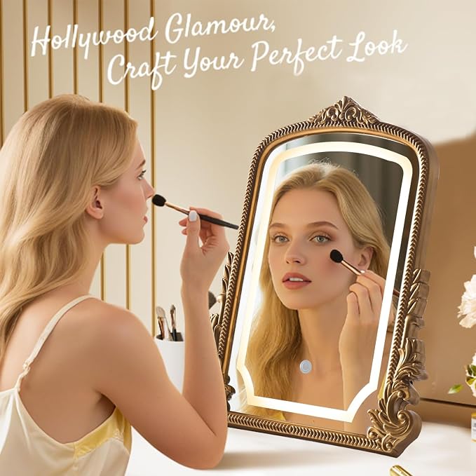 HSDDHOME Large 16x20 Vintage LED Vanity Mirror, Gold Arch Makeup Mirror | 3-color dimmable lights; antique carved frame; large tabletop for wide dressers
