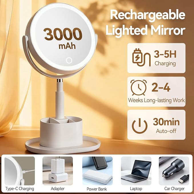 20X Magnifying Mirror with Lights and Storage, Double Sided Vanity Mirror | Rechargeable Makeup Mirror, 3 Color Lighting, Fast Charge and Long-lasting Work, Height Adjustable, Memory Function, White