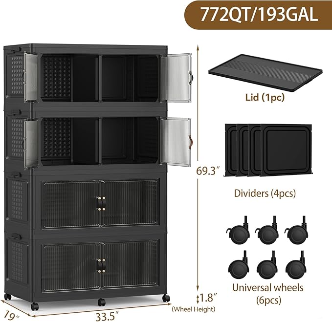 SAILUN 760Qt Stackable Storage Bins,Storage Cabinet with a Lid,4 Pack Black | Stackable Storage Drawers with Lids,33.5" W x 19" D x 69" H,Featuring open-front Access for Clothes and Closet Storage