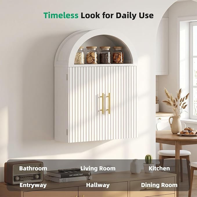 Kalrin Arched Wall Cabinet, Large Wood Bathroom Cabinet Wall Mounted Cupboard, Modern Floating Storage Cabinet with Acrylic Door Adjustable Shelf, Wood Organizer White