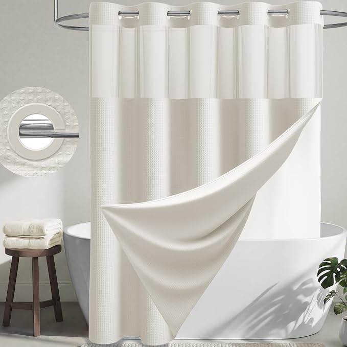 Ivory Hook Free Waffle Shower Curtain & Snap-in Fabric Liner,72x75 | Less Time to install, 3 in 1 Fabric Shower Curtain and Liner Set with Magnets, Mesh Top Window, Shower Curtains for Bathroom
