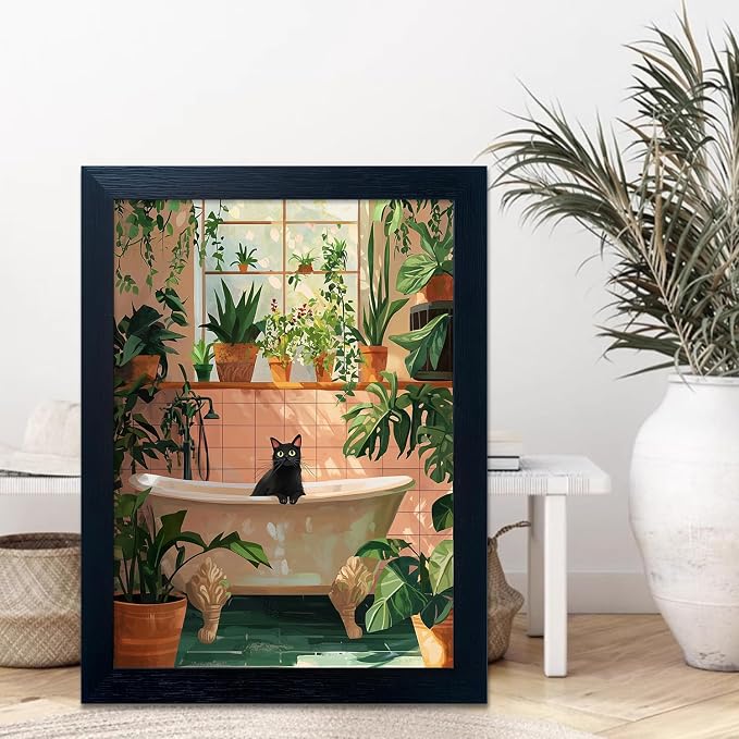 Framed Funny Bathroom Wall Decor Green Plant Picture Painting Modern Bathroom Wall Art Bath Black Cat Canvas Print Poster Animal Bathtube Artwork Maximalist Restroom Decor