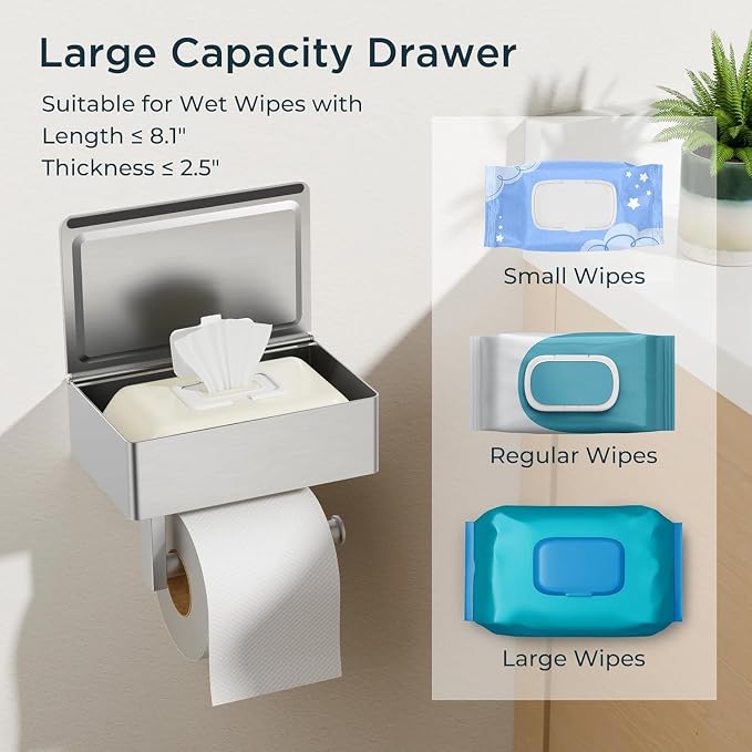 FORIOUS Toilet Paper Holder with Shelf, Wall-Mounted Modern Wipes Dispenser | Brushed Nickel 2 Pack | Toilet Paper Holder with Storage | Wipes Dispenser for Bathroom | Sanitary Napkin Tampon Holder
