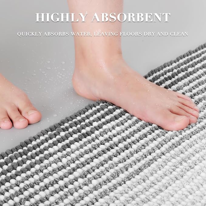 Bathroom Rugs and Mats Sets, 2 Piece Thick Absorbent Chenille Bath Mat Rug Set Non Slip, Soft Shaggy Bath Room Floor Mats for Bathroom, Machine Washable (Gray, 20" x 60" Plus 20" x 32")