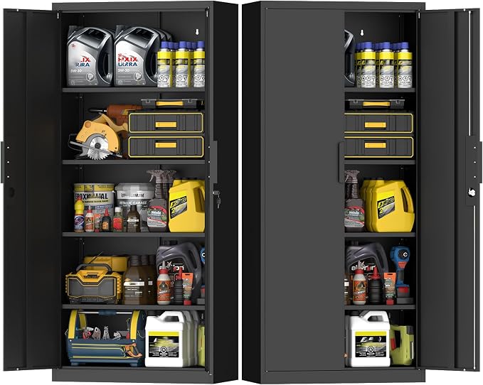 Black Storage Cabinet, Metal Garage Storage Cabinets with Adjustable Shelves, 72.05" H Heavy Duty Tall Cabinet with Locking Doors, Steel Organizer for Basement, School