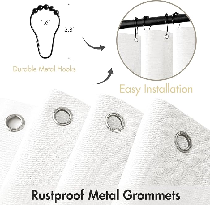 MIULEE W72*L84 Extra Long Linen Shower Curtain White 12 Metal Hooks | Washable, Heavy Fabric Shower Curtain Set, Waterproof Thick Cloth Shower Curtain, Bathroom Hotel Bathtub